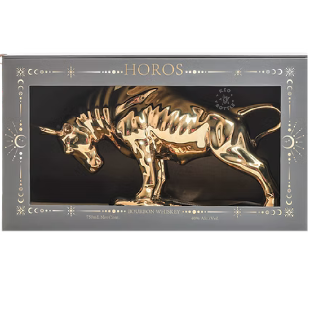HOROS Longhorn Limited Edition Bourbon Whiskey 750mL in a collectible golden longhorn bull decanter with decorative luxury presentation box, 40% ABV and 80 proof. 3