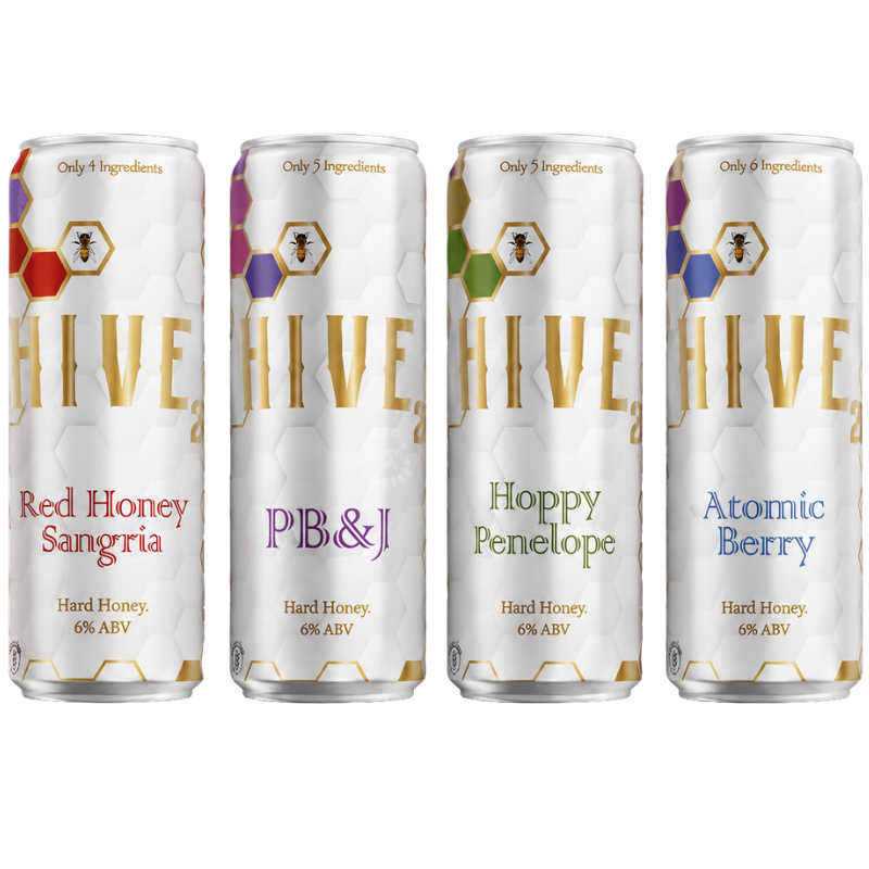 Hive Hard Honey Variety Bundle featuring Red Honey Sangria, PB&J, Hoppy Penelope, and Atomic Berry 355mL cans.