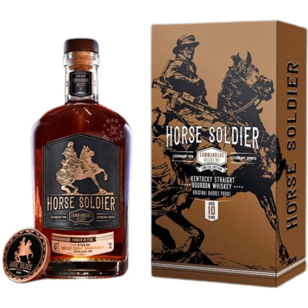 Horse Soldier Commander's Select VII 10 Year Limited Edition Kentucky Straight Bourbon Whiskey 750mL bottle with commemorative coin and brown collectible gift box featuring horseback soldier artwork.
