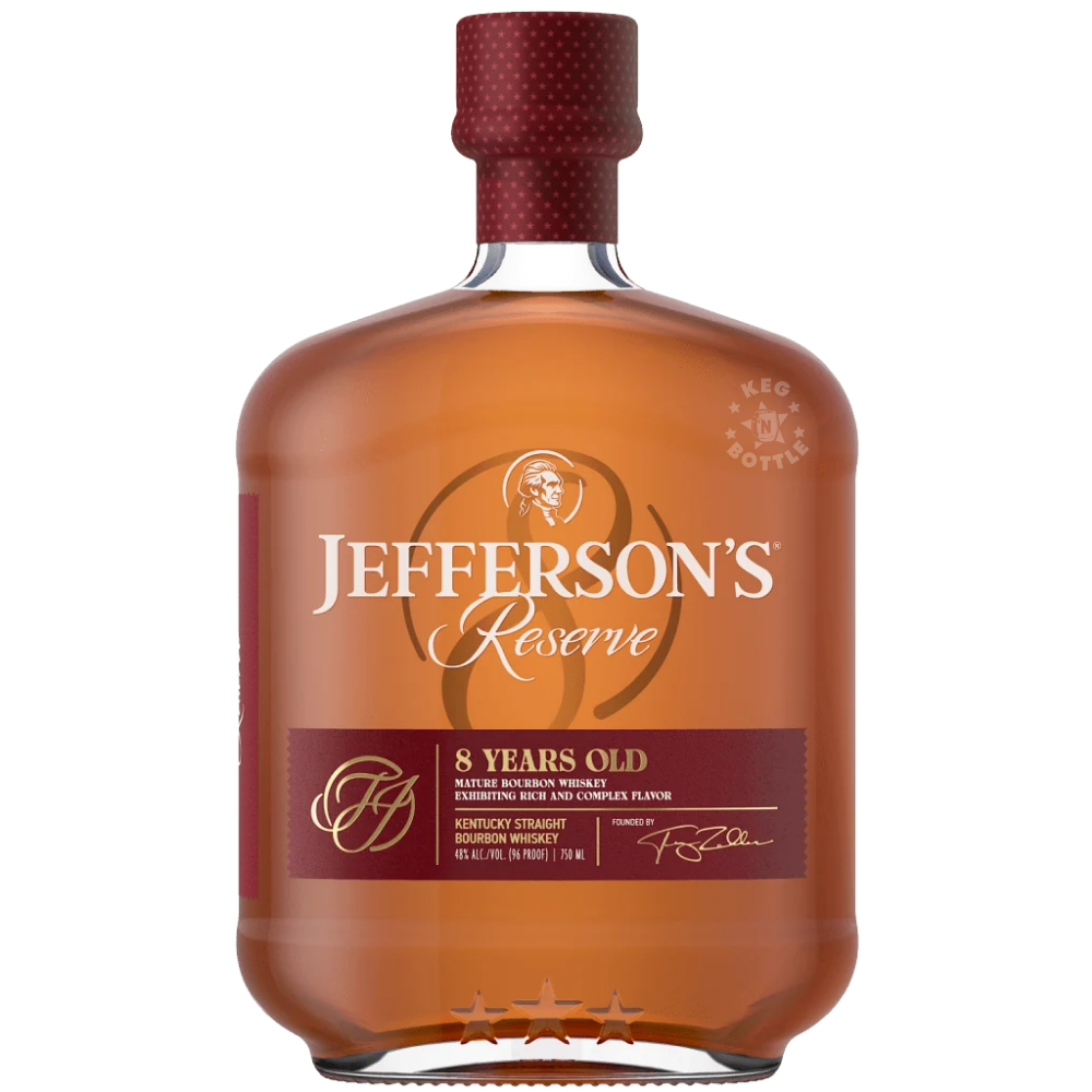 Jefferson's Reserve 8 Year Old Kentucky Straight Bourbon Whiskey 750mL bottle with amber-colored bourbon, burgundy cap, and signature Jefferson's Reserve label.