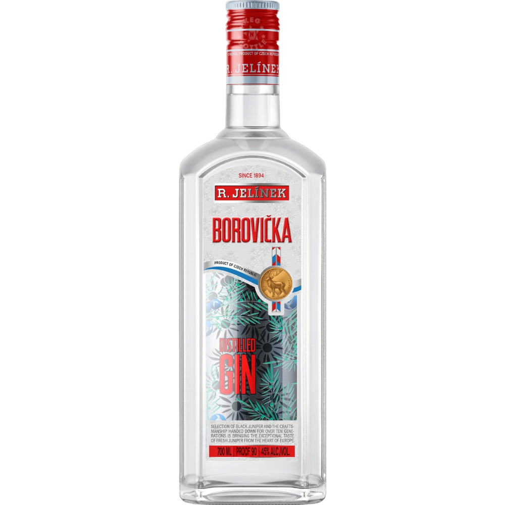 Jelinek Gin Borovicka 90 Proof 700mL bottle from R. Jelinek, a traditional Czech juniper spirit bottled at 45% ABV.