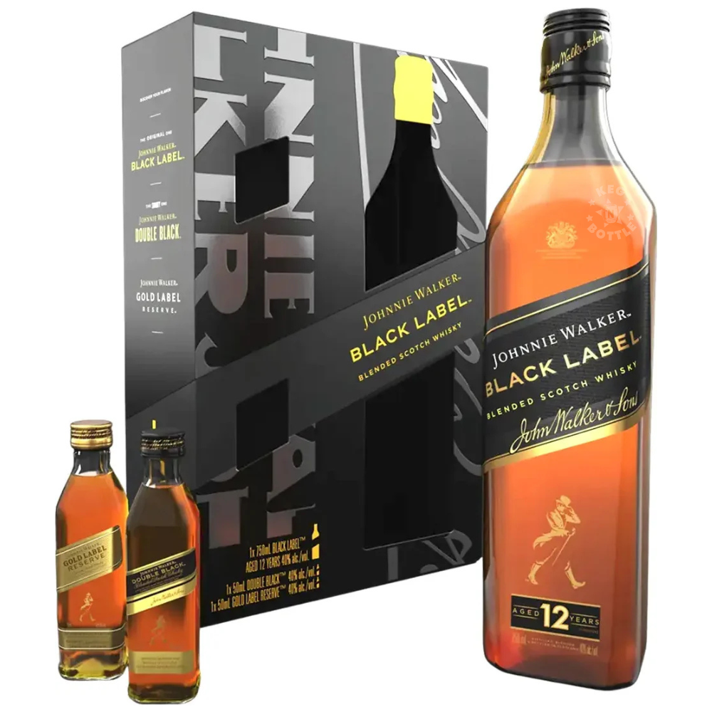 Johnnie Walker Black Label 12 Year gift pack with 750mL Black Label bottle and 50mL Double Black and Gold Label Reserve mini bottles.