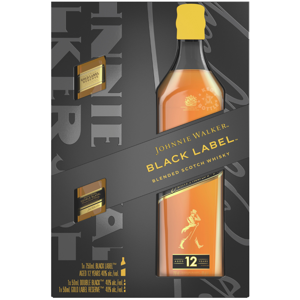 Johnnie Walker Black Label 12 Year gift pack with 750mL Black Label bottle and 50mL Double Black and Gold Label Reserve mini bottles. 2