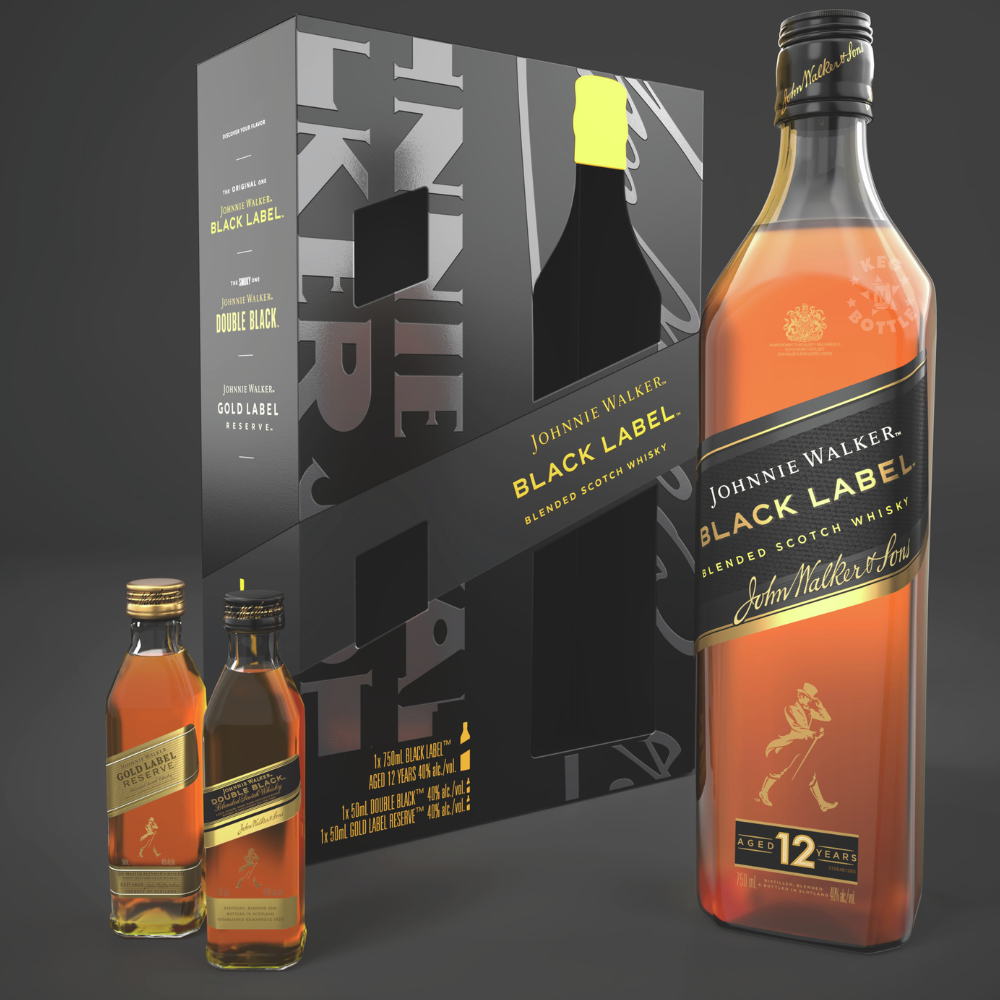 Johnnie Walker Black Label 12 Year gift pack with 750mL Black Label bottle and 50mL Double Black and Gold Label Reserve mini bottles. 3