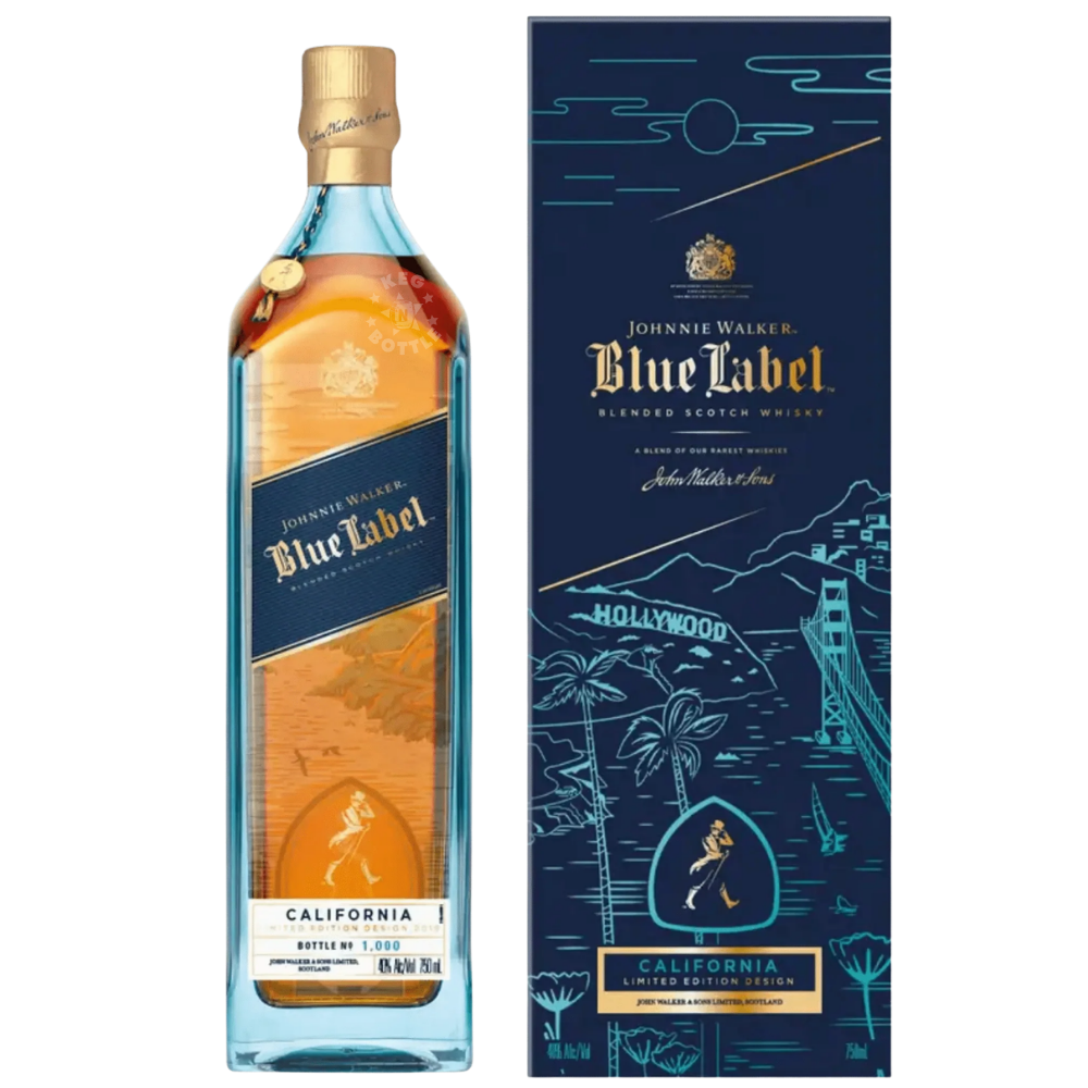 Johnnie Walker Blue Label California Limited Edition Blended Scotch Whisky 750mL with exclusive California-themed collector's gift box featuring Golden Gate Bridge and Hollywood artwork.