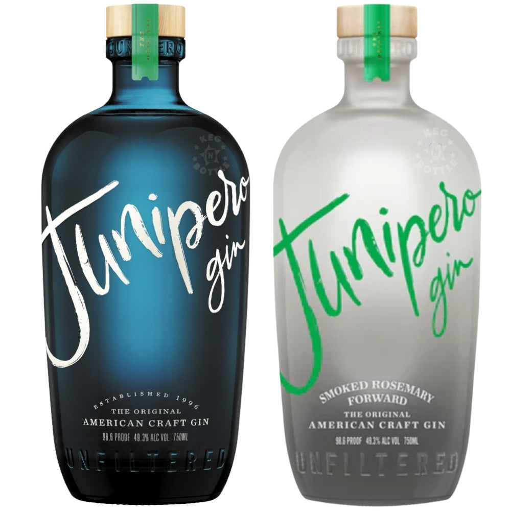 Junipero American Craft Gin and Junipero Smoked Rosemary Forward Gin bottles displayed together in a combo pack