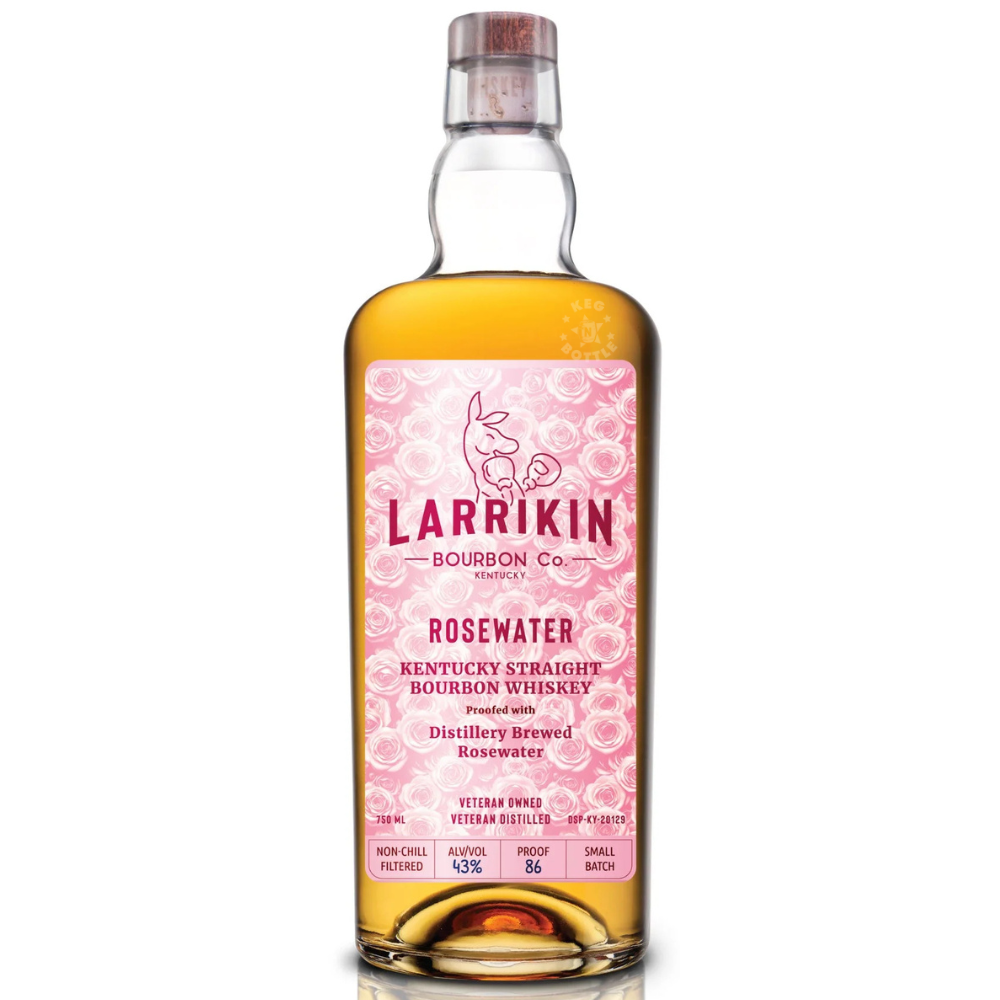 Larrikin Rosewater 6 Year Old Kentucky Straight Bourbon Whiskey 750mL bottle featuring amber bourbon, a distinctive pink label, and Larrikin Bourbon Co. branding.