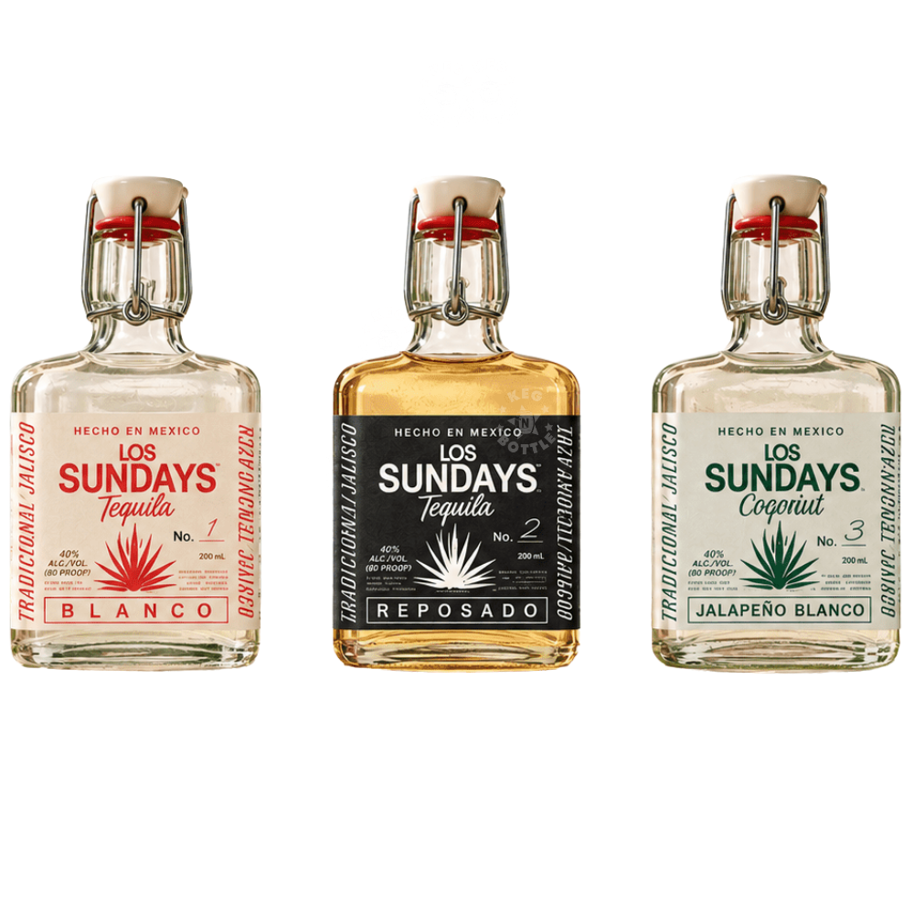 Los Sundays Tequila Trio featuring Blanco, Reposado and Jalapeño Blanco Tequila in three 200mL bottles.