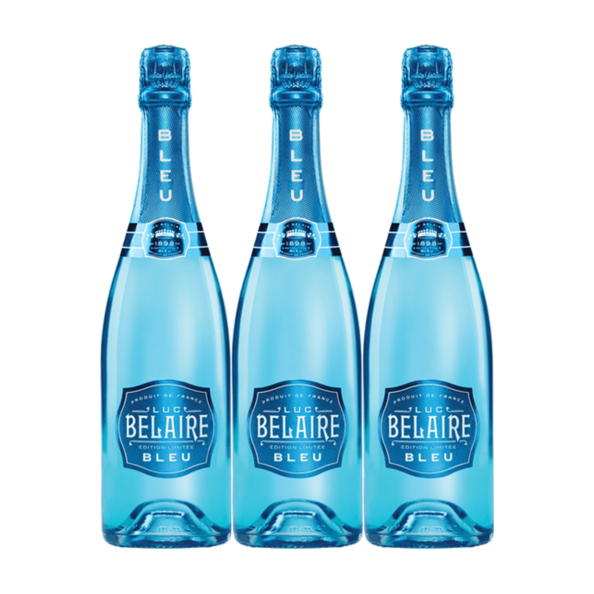 Luc Belaire Bleu 3-Pack featuring three 750mL sapphire-blue bottles of French sparkling wine.