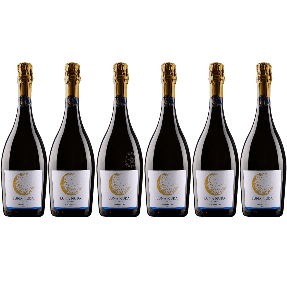 Luna Nuda Prosecco Italian sparkling wine 6-pack featuring six 750mL bottles with elegant white labels, gold crescent moon designs, and gold foil necks. 6 Pack