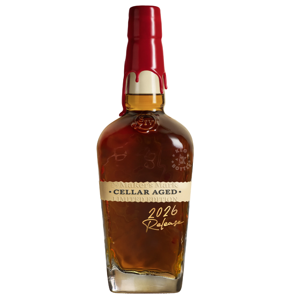 Maker’s Mark Cellar Aged 2026 Release Kentucky Straight Bourbon Whisky bottle with signature red wax seal.
