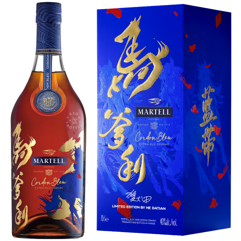 Martell Cordon Bleu Year of the Goat Limited Edition 1L Cognac bottle with red and blue goat artwork and matching gift box.