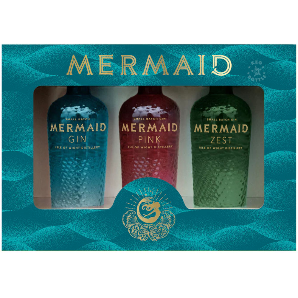 Mermaid Gin Mini Trio Gift Set featuring three 50mL miniature bottles of Mermaid Gin, Mermaid Pink Gin, and Mermaid Zest Gin in an elegant turquoise ocean-inspired presentation box from Isle of Wight Distillery.