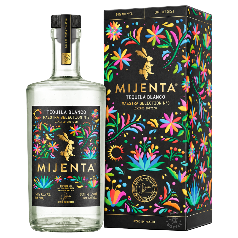 Mijenta Maestra Selection No. 3 Still Strength Blanco Tequila 750mL limited-edition bottle with decorative presentation box.