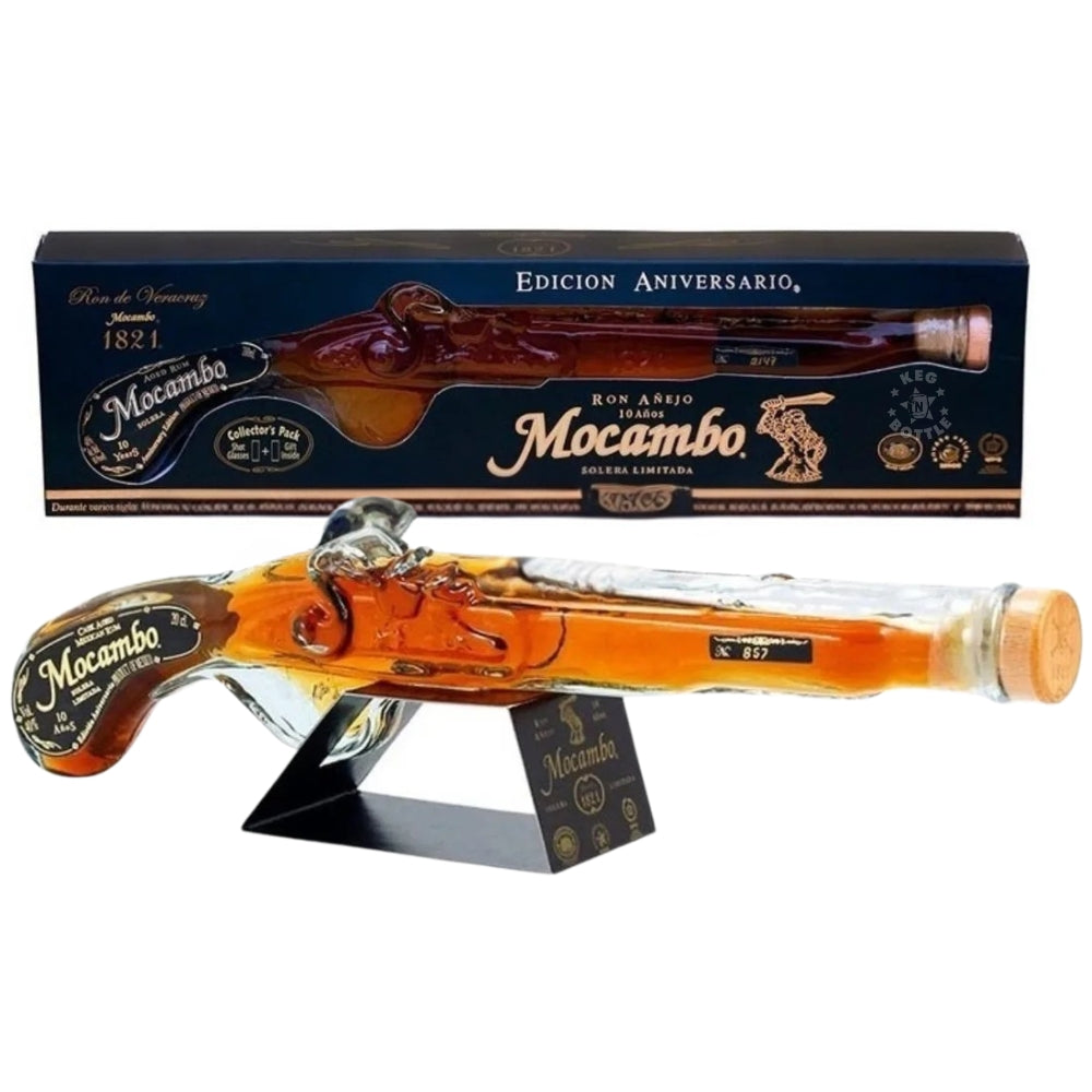 Mocambo Edición Aniversario premium rum pistol shaped bottle with gift box