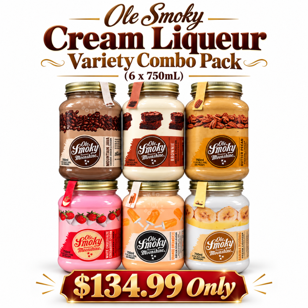 Ole Smoky Cream Liqueur Variety Combo Pack featuring six 750mL mason jars of Mountain Java, Brownie, Butter Pecan, White Chocolate Strawberry, Orange Shinesicle, and Banana Pudding. 2