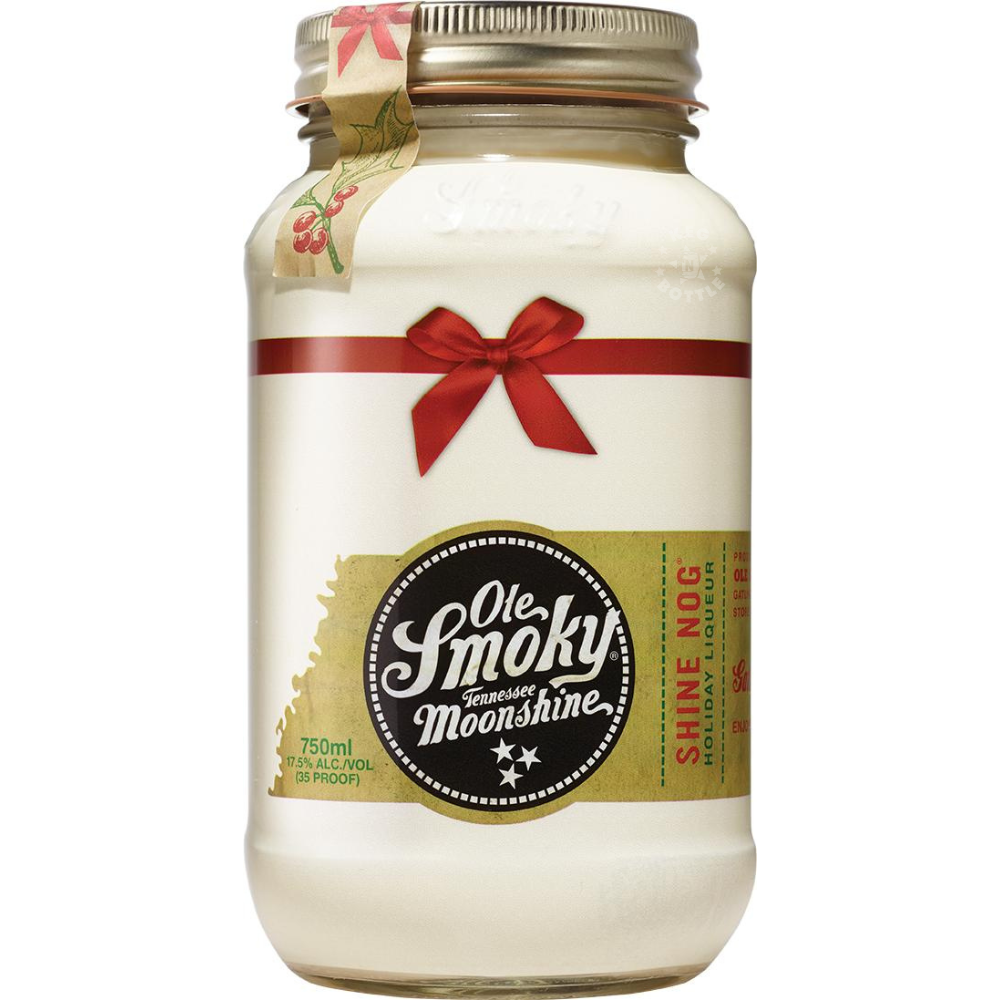 Ole Smoky Shine Nog Tennessee Moonshine Cream Liqueur 750mL mason jar with festive red ribbon packaging and creamy eggnog-inspired liqueur.