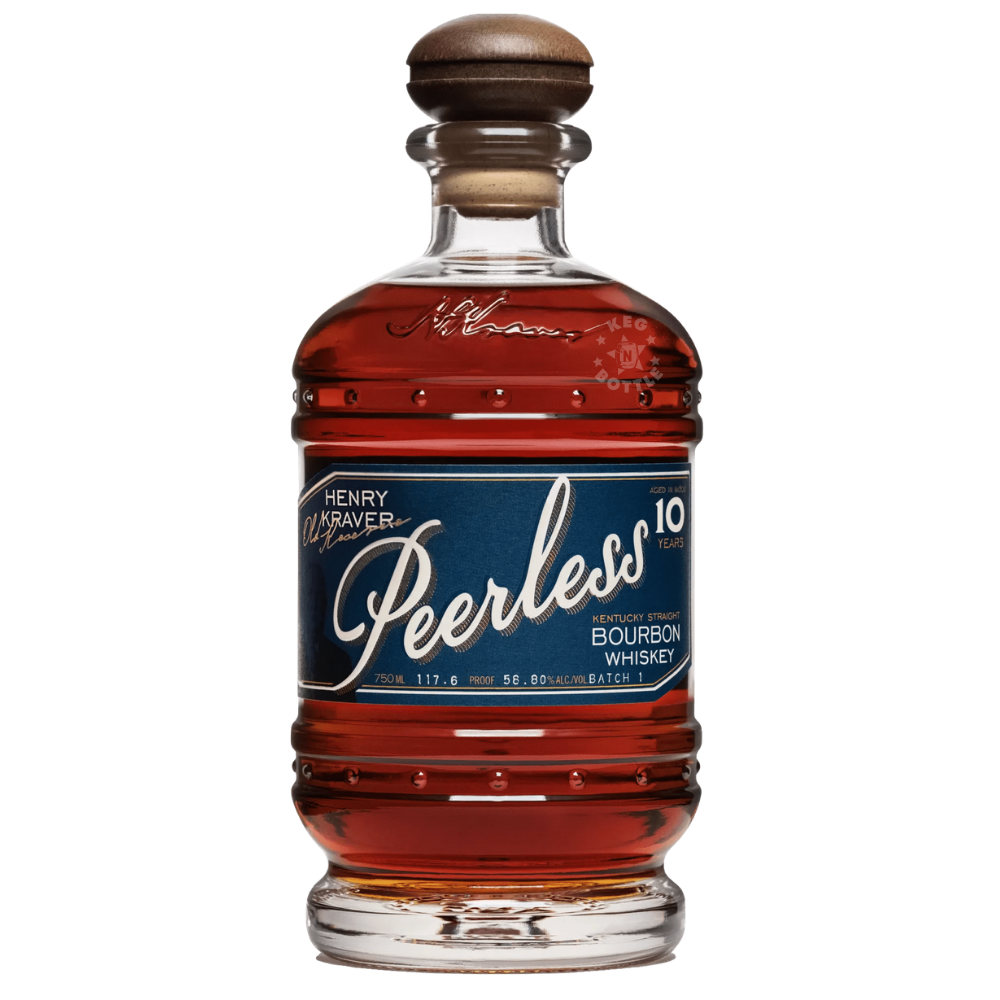 Peerless Henry Kraver 10 Year Bourbon Whiskey Batch 1 bottle with blue label and wooden cork