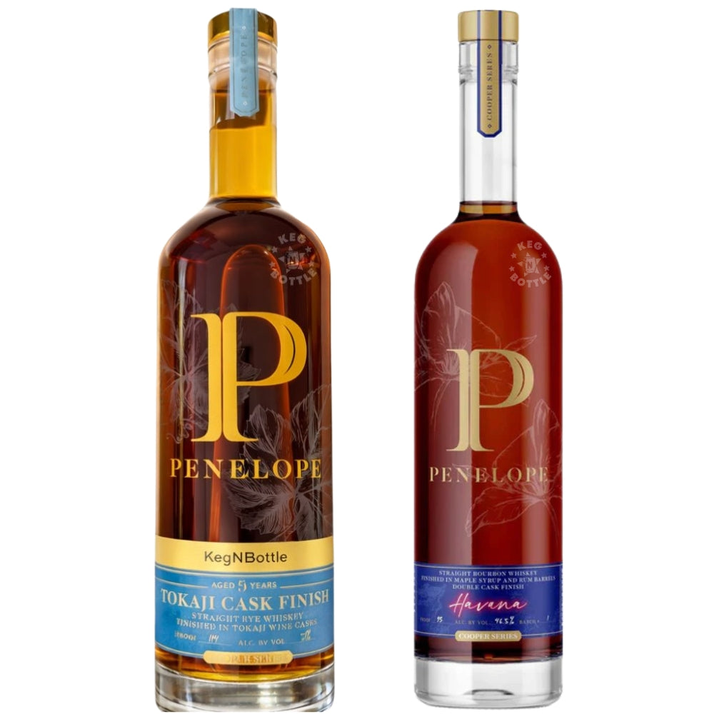 Penelope Tokaji Cask Finish 9 Year Keg N Bottle Single Barrel and Penelope Havana Rum Barrel Bourbon 750mL combo pack bottles