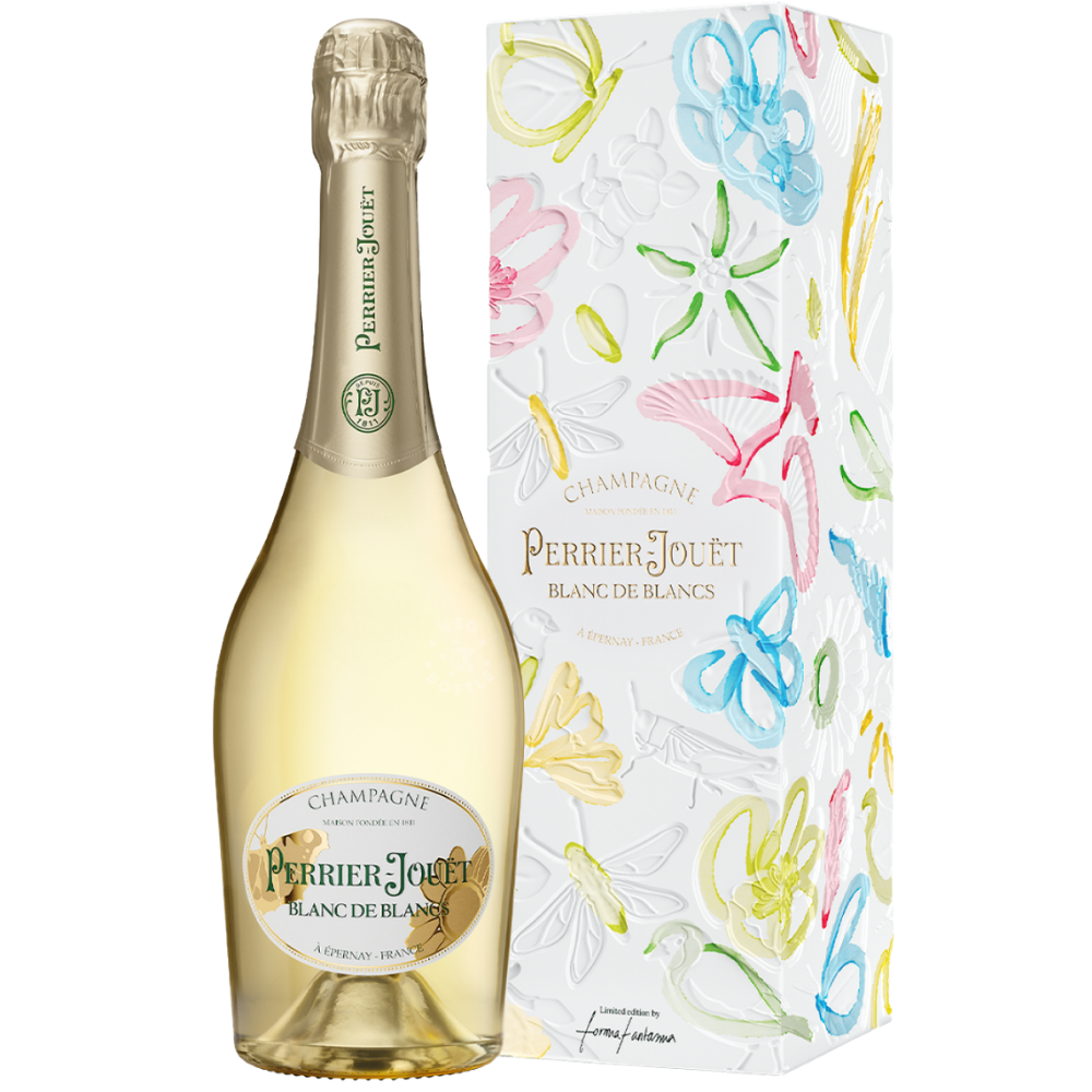 Perrier-Jouët Blanc de Blancs Brut Champagne 750mL bottle crafted from Chardonnay with an elegant clear glass presentation and gold foil neck.