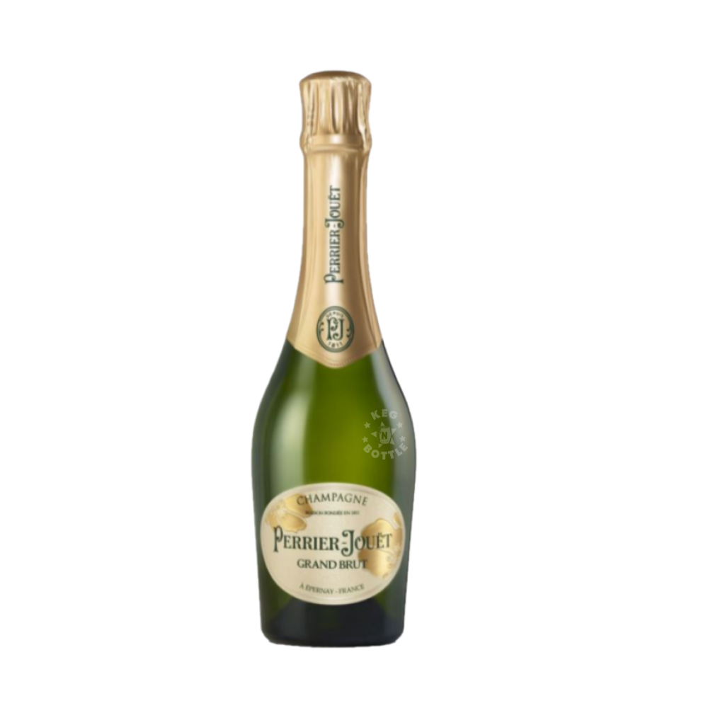 Perrier-Jouët Grand Brut Champagne 375mL half bottle with green glass, gold foil neck and classic cream label.