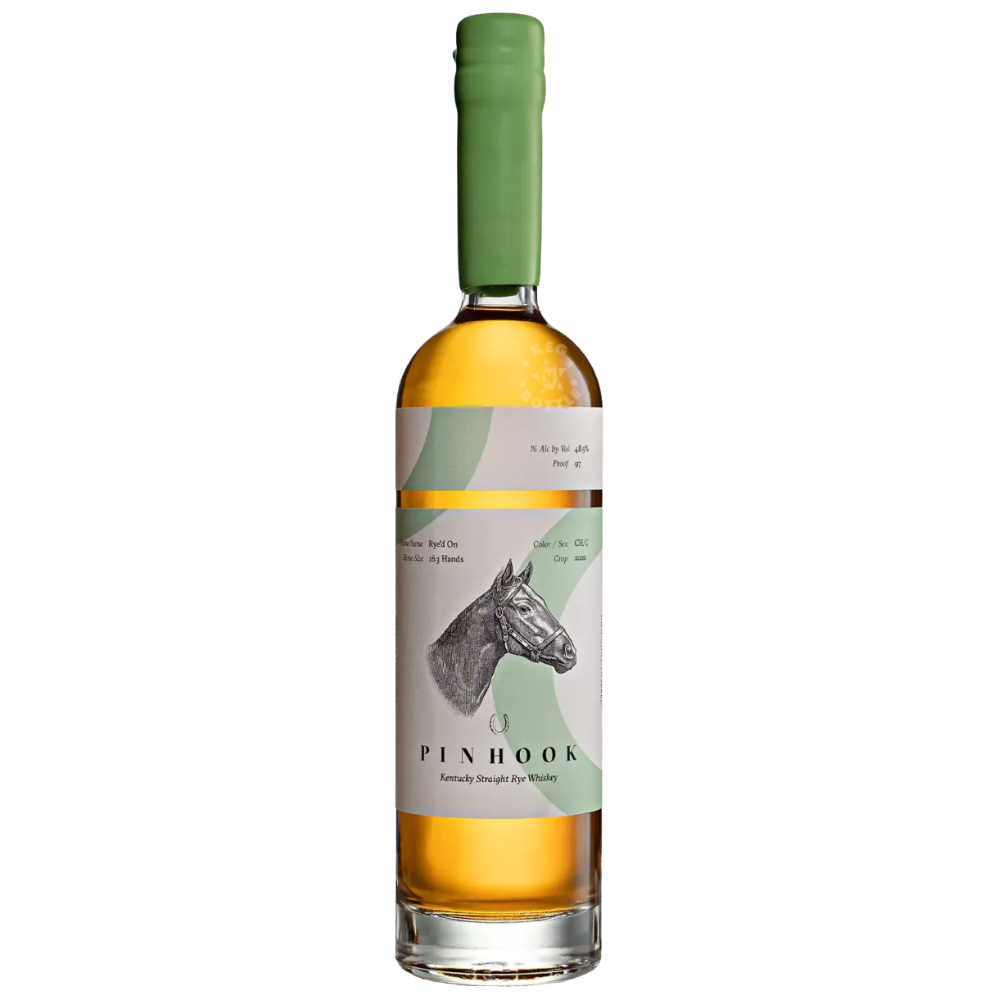 Pinhook Rye'd On 2020 Kentucky Straight Rye Whiskey 750mL bottle featuring amber whiskey, a mint-green and cream label, and a chestnut thoroughbred horse illustration.