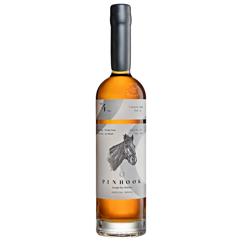 Pinhook Tiz Rye Time 4 Year Old Straight Rye Whiskey Vertical Series 2020 750mL bottle featuring amber whiskey, a cream-and-gray geometric label, and thoroughbred horse illustration.