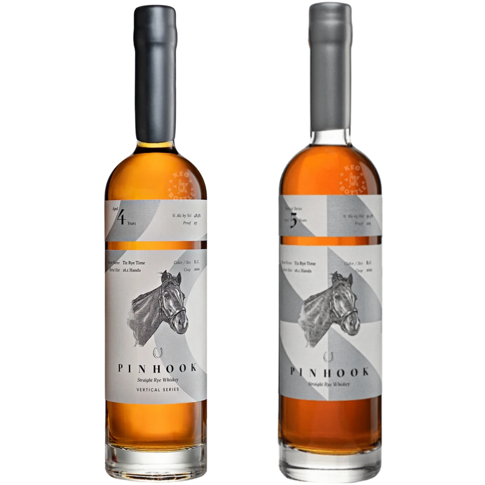 Pinhook Tiz Rye Time Vertical Series whiskey combo featuring 4-year and 5-year straight rye whiskey bottles with gray geometric labels, horse illustrations, and amber-colored whiskey.