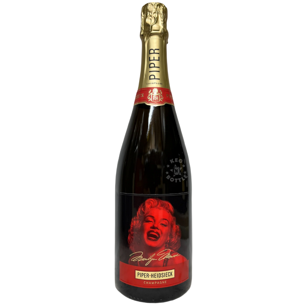 Piper-Heidsieck Cuvée Brut Marilyn Monroe Limited Edition Champagne 750mL bottle featuring gold foil, red neck seal, and black label with Marilyn Monroe portrait.