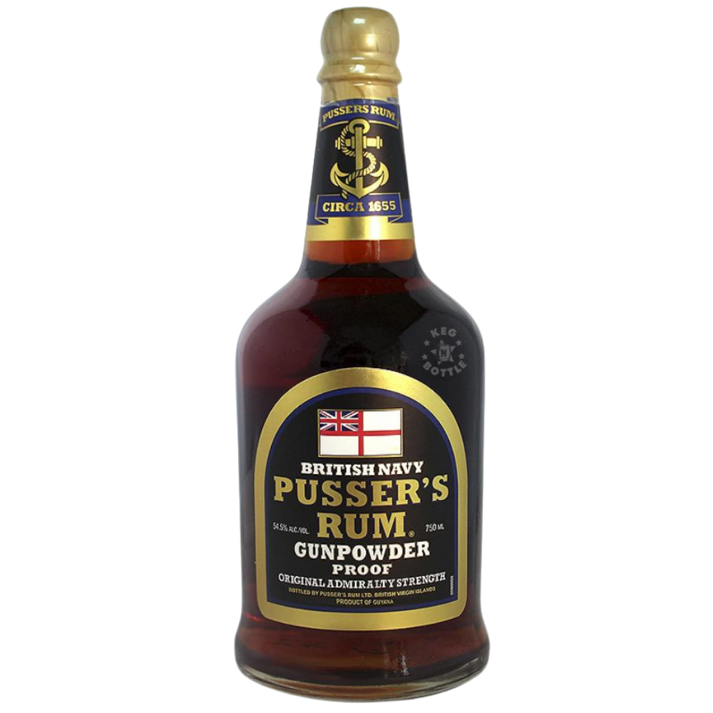Pusser's British Navy Gunpowder Proof Original Admiralty Strength Rum 750mL bottle featuring dark amber rum, gold cap, and navy blue and gold label.