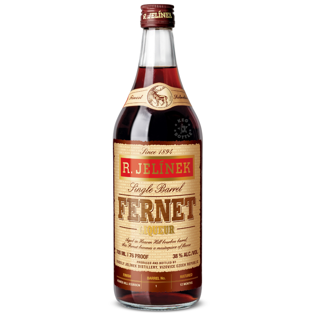 R. Jelinek Single Barrel Fernet Liqueur 700mL bottle, a 76 proof Czech digestif matured in a Heaven Hill bourbon barrel.
