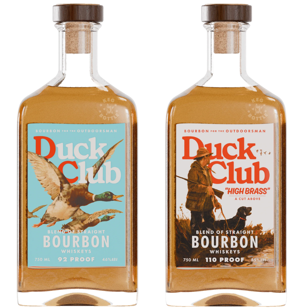 Riley Green's Duck Club Bourbon 2-Bottle Bundle featuring Original 92 Proof with a turquoise flying duck label and High Brass 110 Proof with an outdoorsman and hunting dog label, both 750mL.