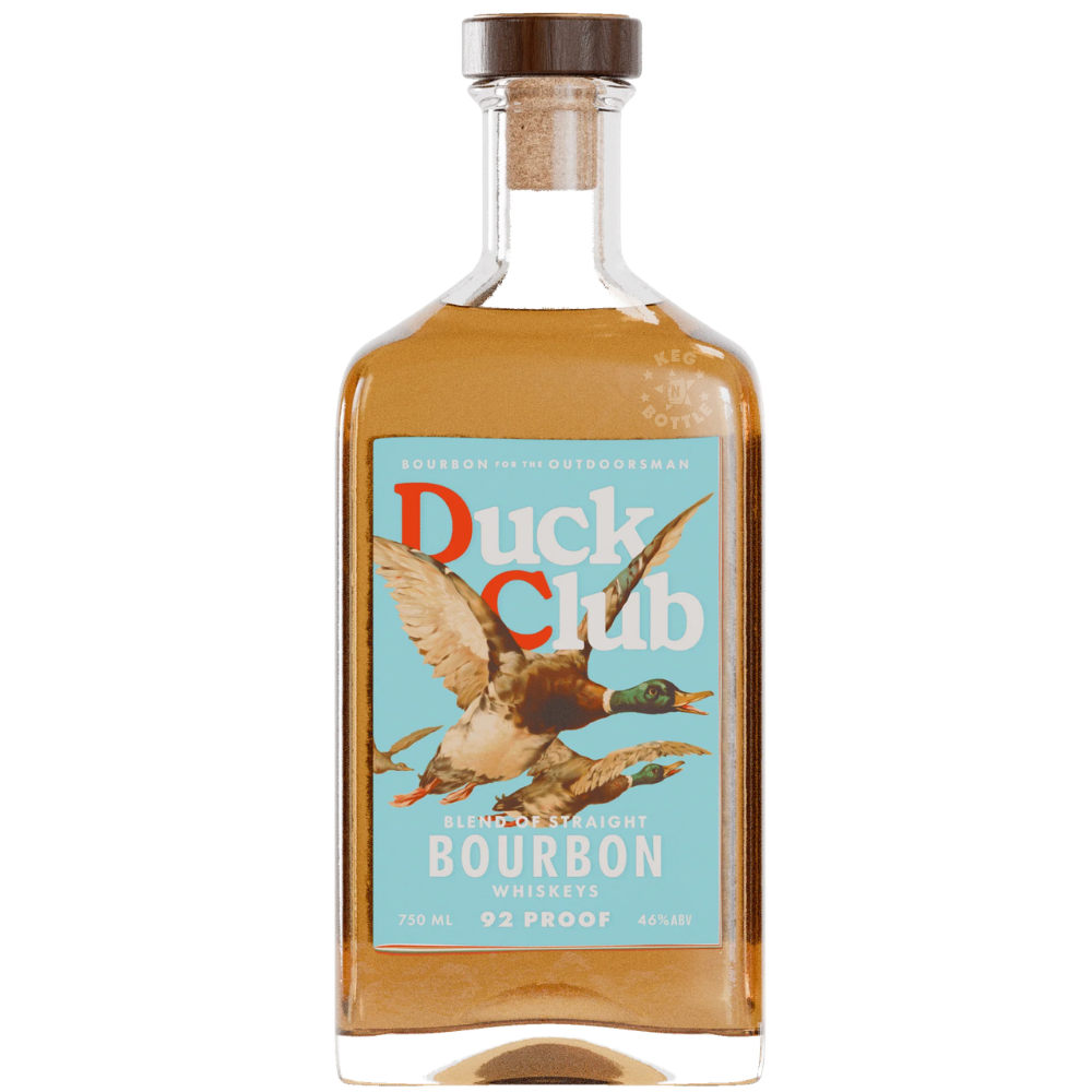 Riley Green's Duck Club Bourbon Whiskey 92 Proof 750mL bottle featuring amber bourbon, a green label with a flying duck illustration, and Bourbon for the Outdoorsman branding.