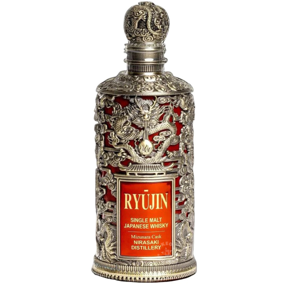 Ryujin Mizunara Cask Single Malt Japanese Whisky 750mL bottle from Nirasaki Distillery featuring an ornate silver-toned dragon design, red accents, and decorative dragon stopper.