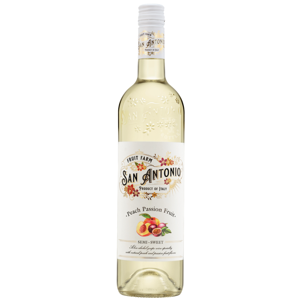 San Antonio Fruit Farm Peach Passion Fruit Semi-Sweet Wine 750mL bottle with natural peach and passion fruit flavors.