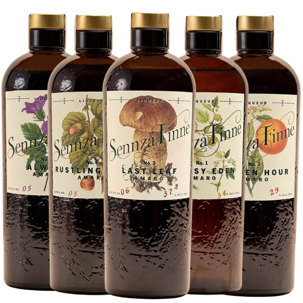 Sennza Finne Amaro Collection combo pack with five 750mL bottles including Always, Rustling Grass, Last Leaf, Easy Eden and Golden Hour Amaro.