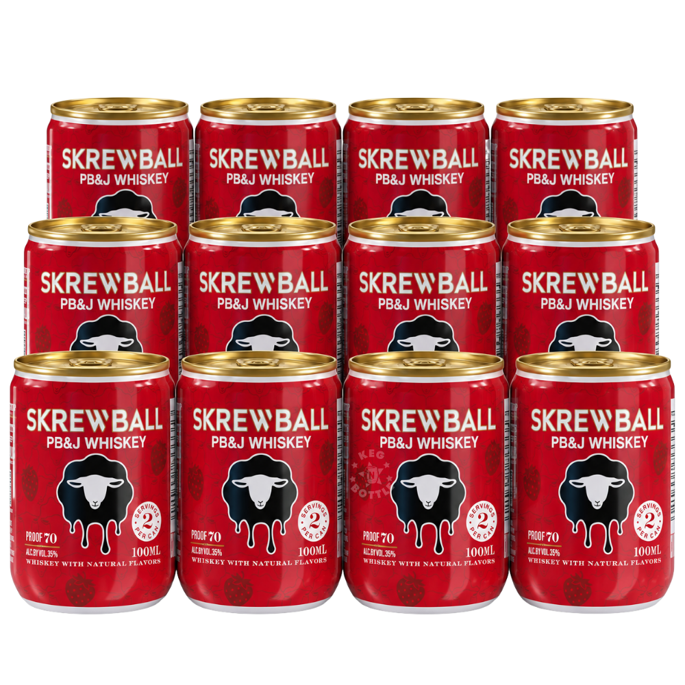 Skrewball PB&J Whiskey 12-Pack featuring twelve 100mL cans of 70 Proof peanut butter and jelly flavored whiskey.