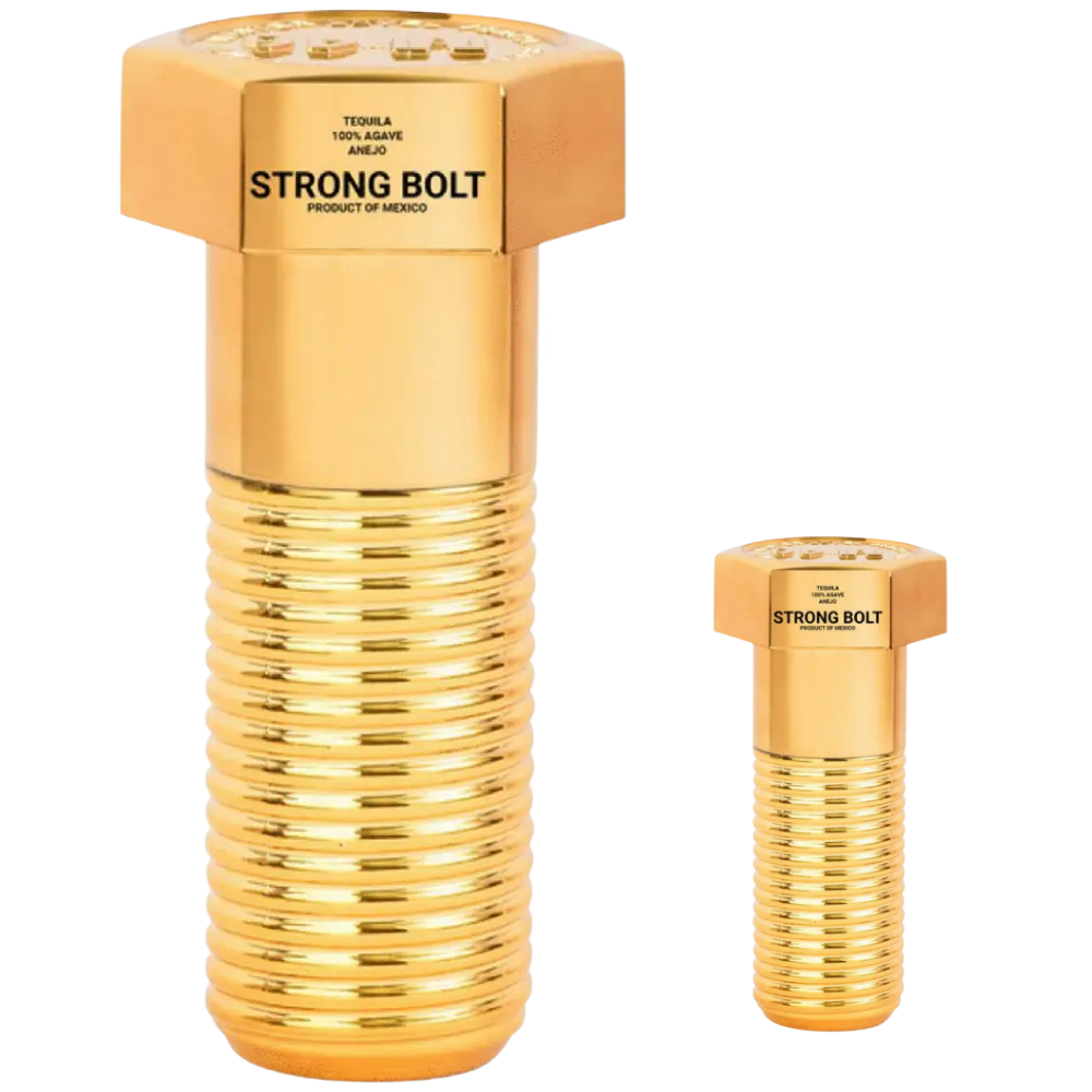 Strong Bolt Tequila Añejo M82 combo pack featuring one 700mL bottle and one 50mL miniature bottle in matching gold-toned bolt-inspired designs.