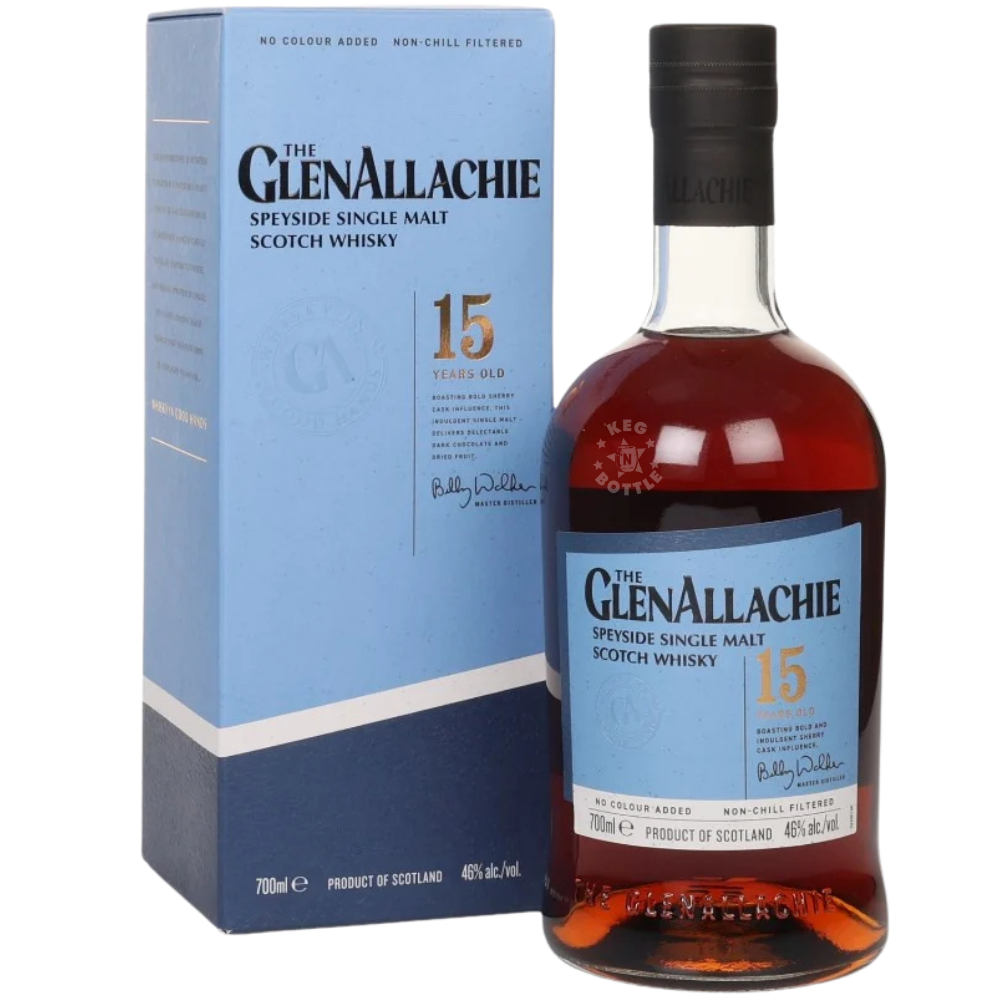 The GlenAllachie 15 Year Old Speyside Single Malt Scotch Whisky 700mL bottle with gift box.