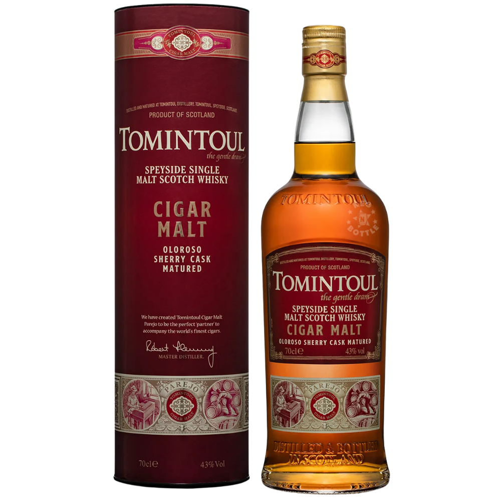 Tomintoul Cigar Malt Oloroso Sherry Cask Matured Speyside Single Malt Scotch Whisky 750mL bottle with presentation tube.
