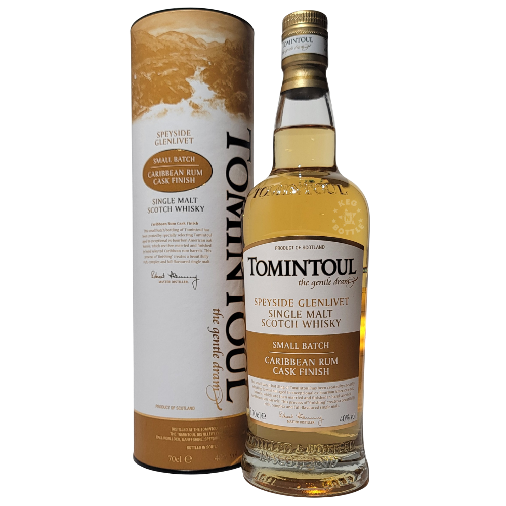 Tomintoul Small Batch Caribbean Rum Cask Finish Speyside Single Malt Scotch Whisky 750mL bottle with presentation tube.