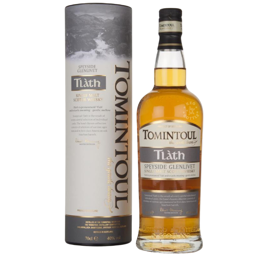 Tomintoul Tlàth Speyside Glenlivet Single Malt Scotch Whisky 750mL bottle with presentation tube.