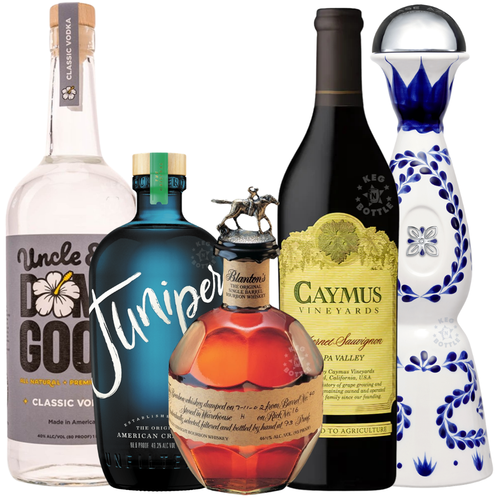 Junipero Gin, Damn Good Vodka, Caymus Cabernet, Clase Azul, & Blanton’s Bundle
