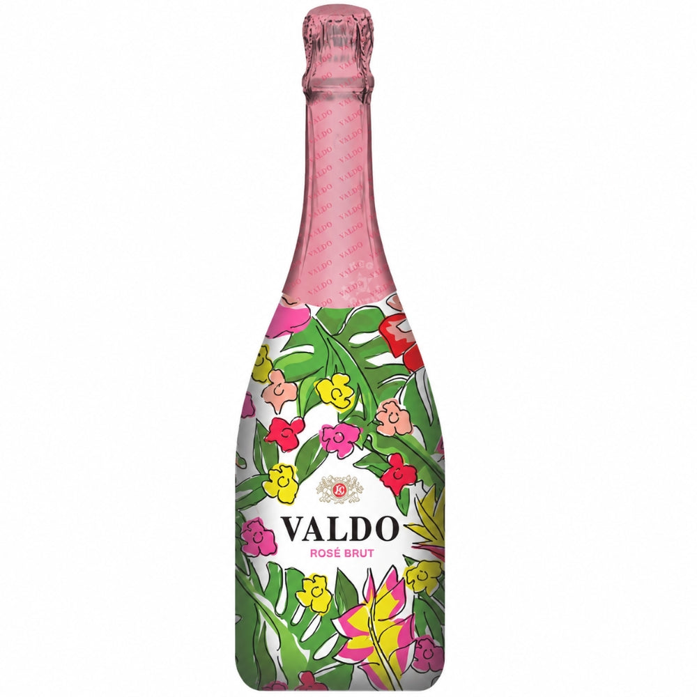 Valdo Floral Rosé Brut Italian sparkling wine 750mL bottle featuring a colorful floral design.