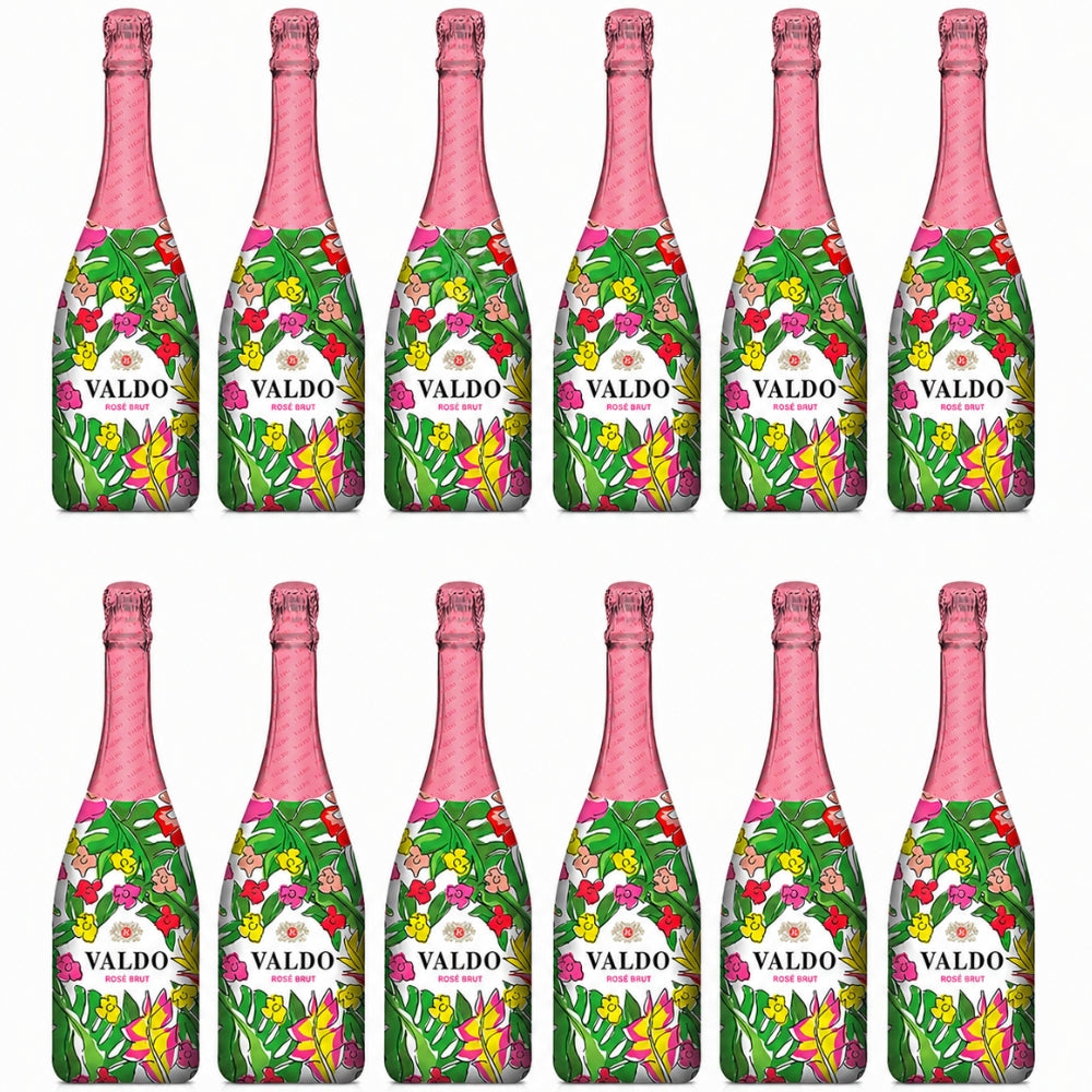 Valdo Floral Rosé Brut Italian sparkling wine 750mL bottle featuring a colorful floral design. 12 Pack
