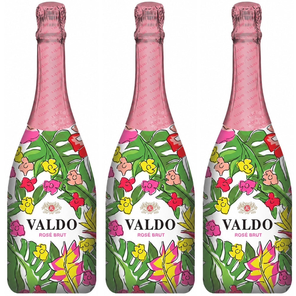 Valdo Floral Rosé Brut Italian sparkling wine 750mL bottle featuring a colorful floral design. 3 Pack