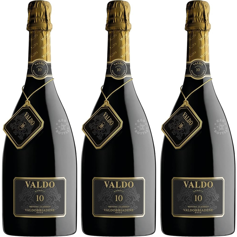 Valdo Valdobbiadene Prosecco Superiore Numero 10 750mL black bottle with elegant gold detailing. 3 Pack