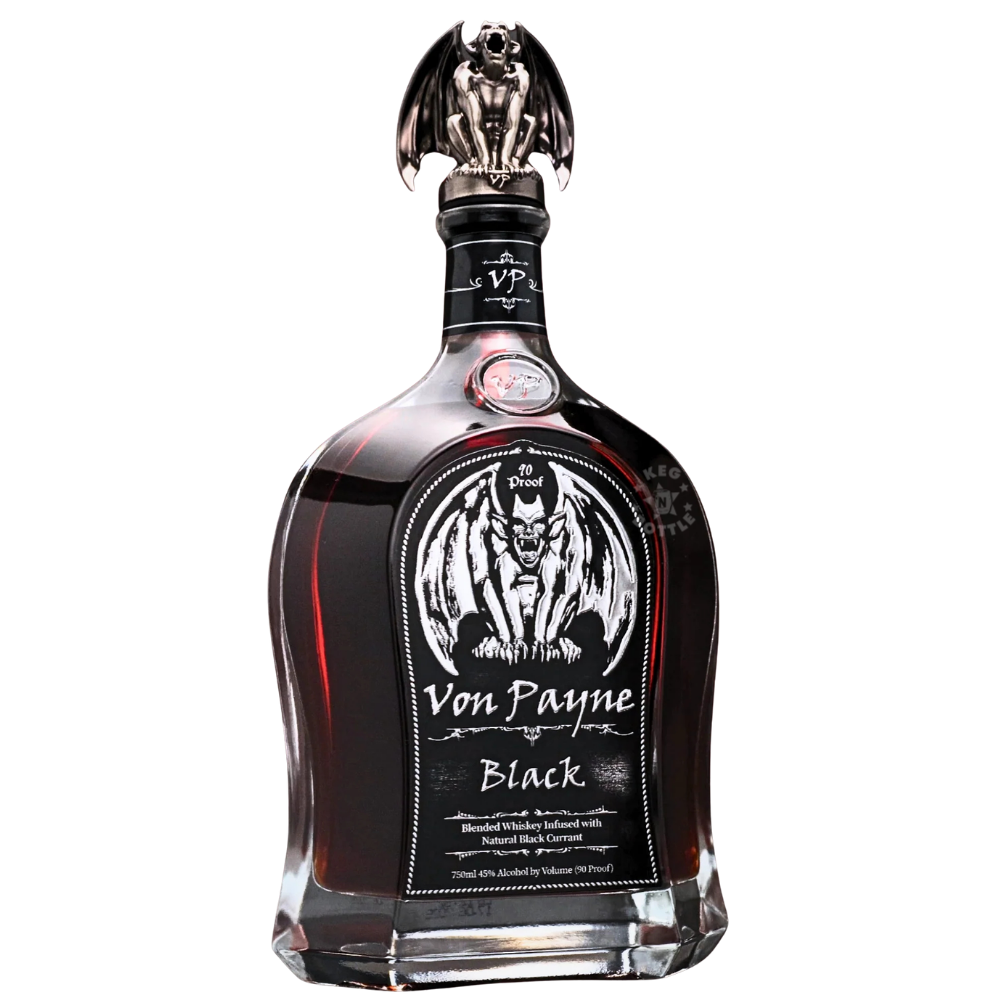 Von Payne Black Natural Black Currant Whiskey 750mL 90-proof bottle featuring the signature gothic label and gargoyle pour-spout topper.