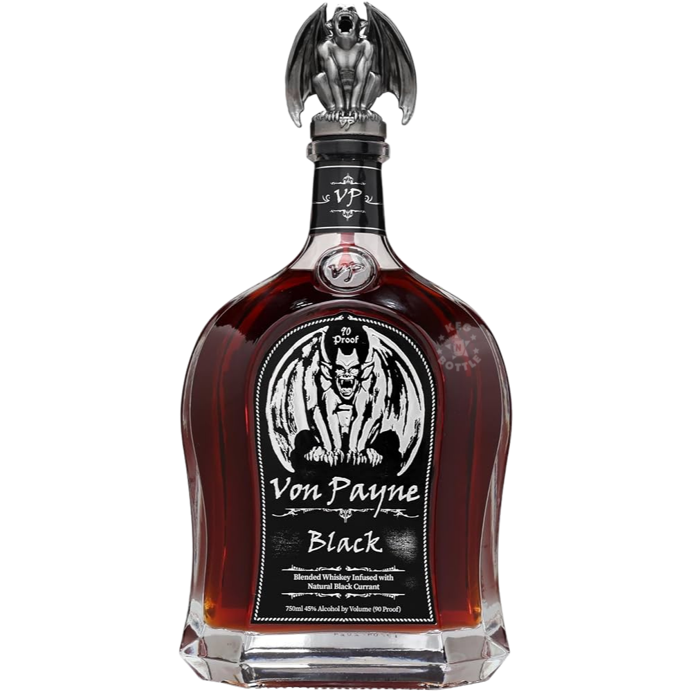 Von Payne Black Natural Black Currant Whiskey 750mL 90-proof bottle featuring the signature gothic label and gargoyle pour-spout topper. 2