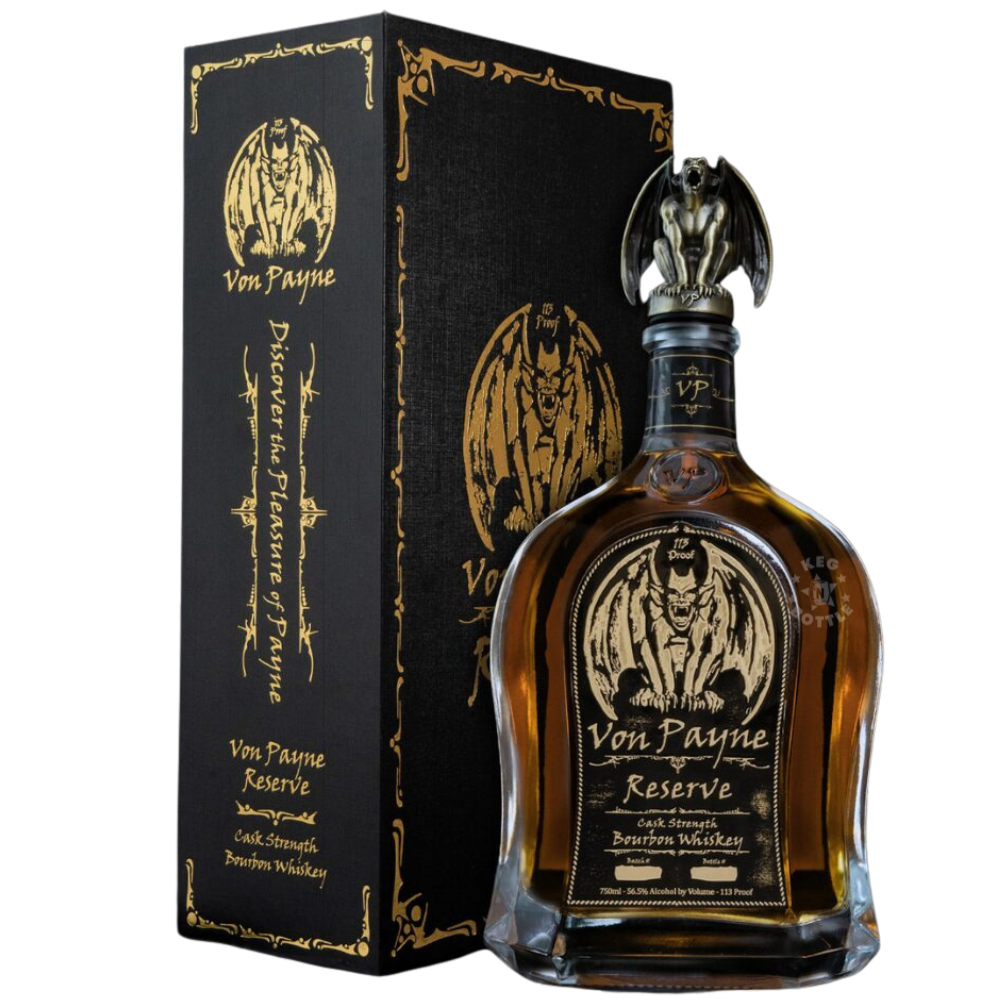 Von Payne Reserve Cask Strength Bourbon Whiskey 750mL bottle with black and gold label and signature gargoyle pour-spout topper.